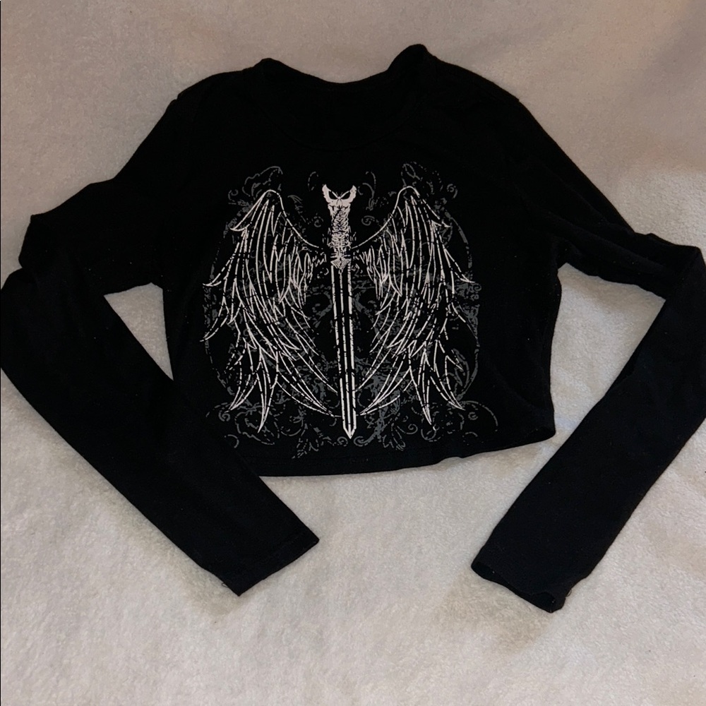 Source Unknown Black Crop Top with Silver Wing Design